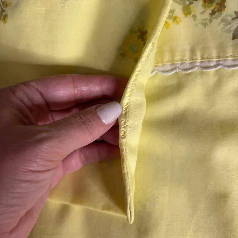 Vintage King Size Pillowcase Perma Prest Floral Yellow White Cotton Poly Blend